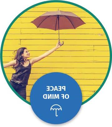 Woman with umbrella text reads peace of mind sign